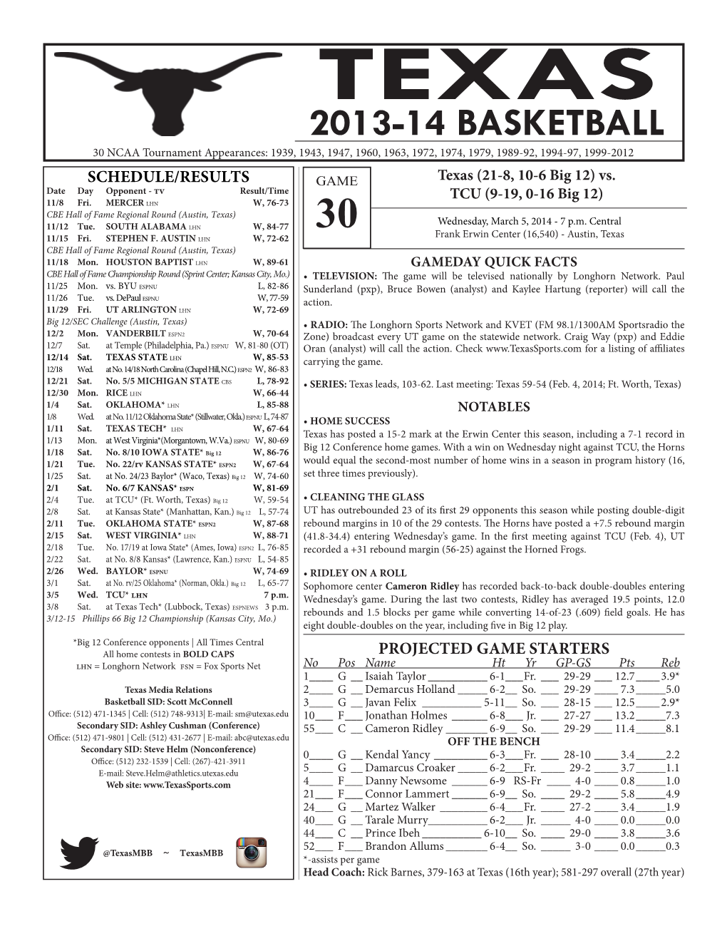 2013-14 BASKETBALL 30 NCAA Tournament Appearances: 1939, 1943, 1947, 1960, 1963, 1972, 1974, 1979, 1989-92, 1994-97, 1999-2012