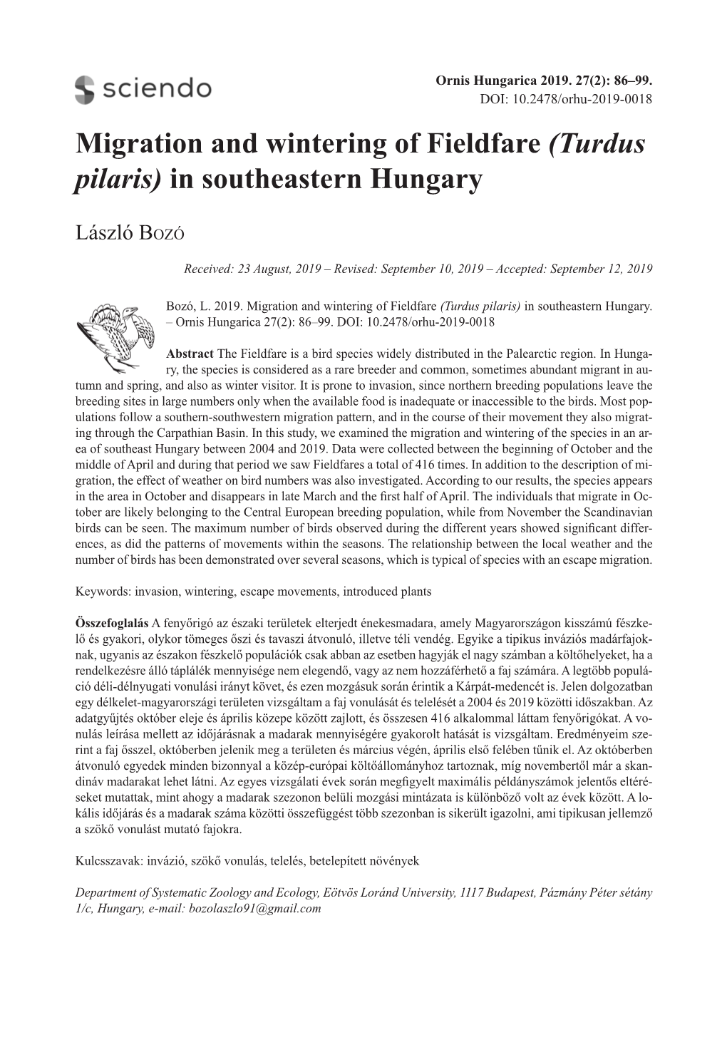 Migration and Wintering of Fieldfare (Turdus ... -..:::: Ornis Hungarica