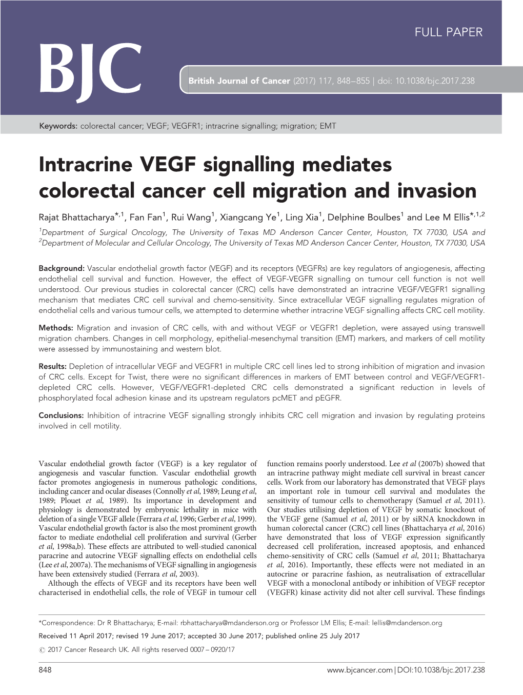 Intracrine VEGF Signalling Mediates Colorectal Cancer Cell Migration and Invasion