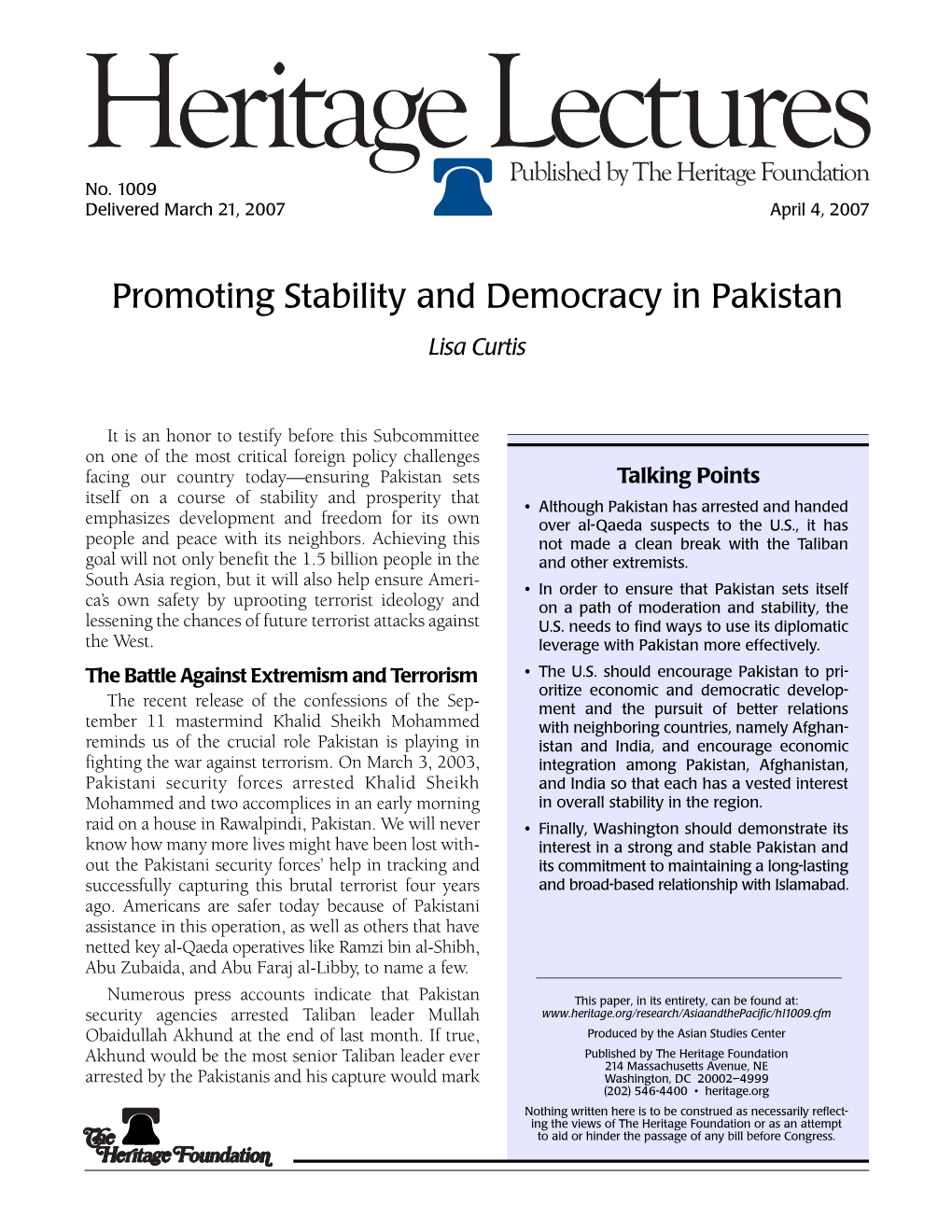 Promoting Stability and Democracy in Pakistan Lisa Curtis