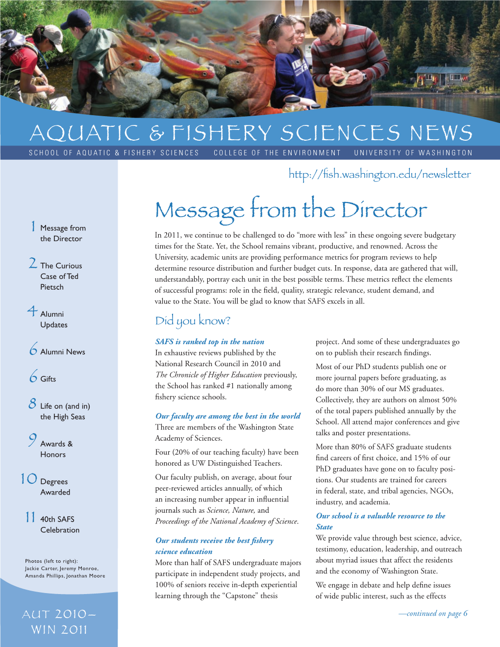 Message from the Director AQUATIC & FISHERY SCIENCES NEWS