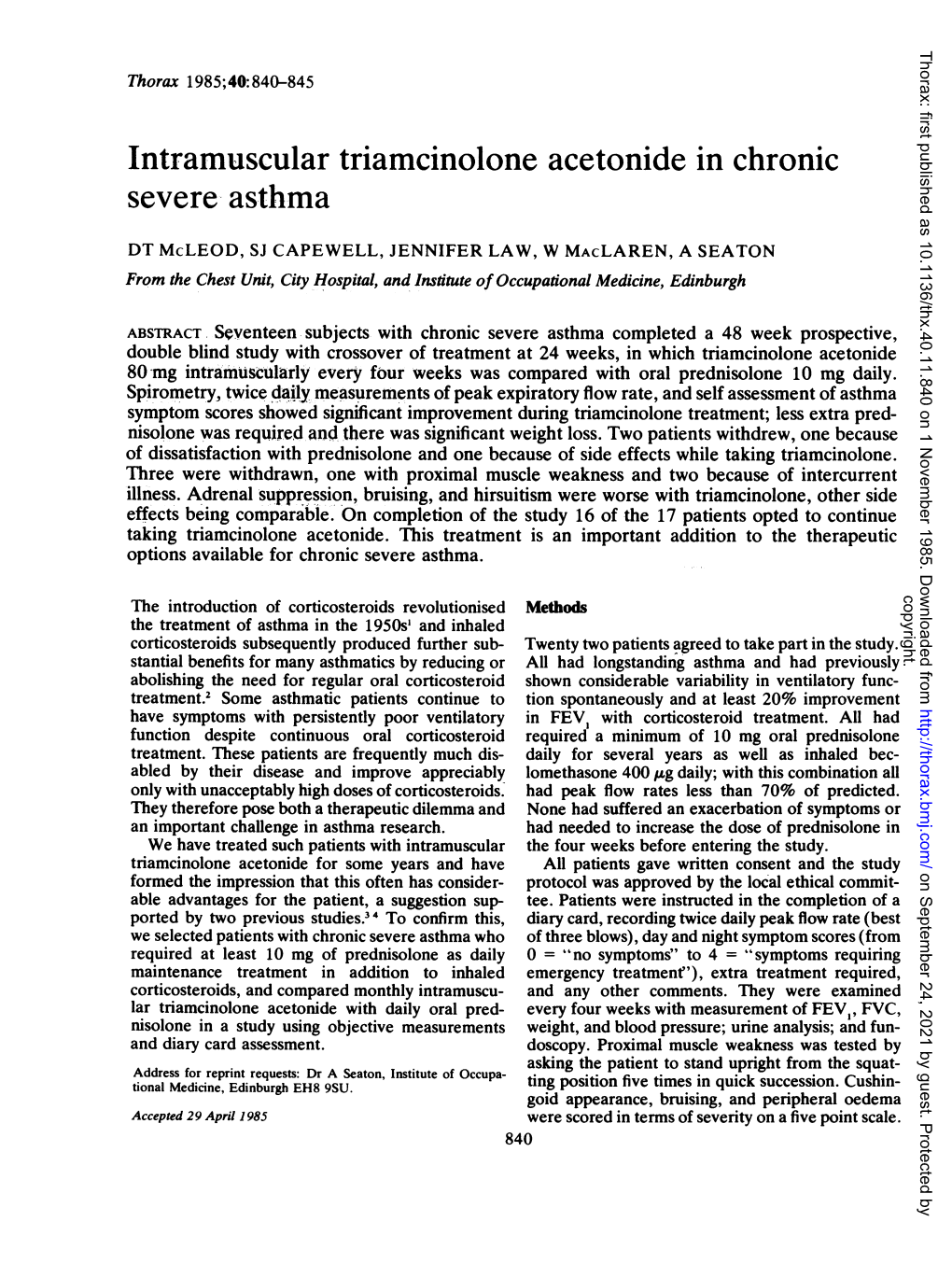 Intramuscular Triamcinolone Acetonide in Chronic Severe Asthma. Thorax 40