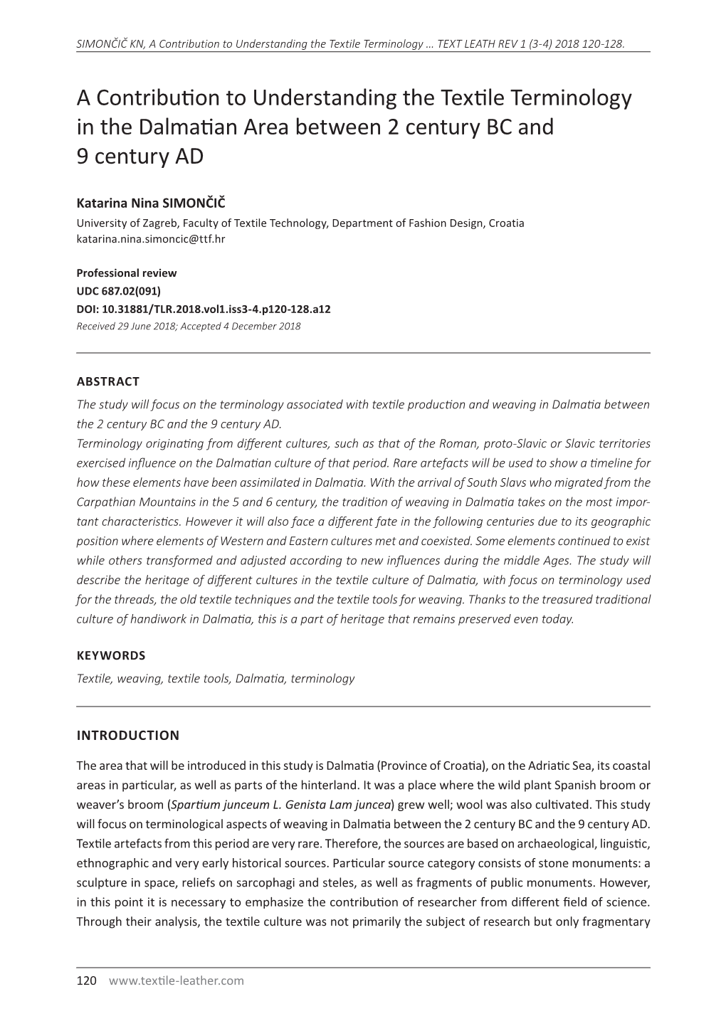 A Contribution to Understanding the Textile Terminology in the Dalmatian Area Between 2 Century BC and 9 Century AD