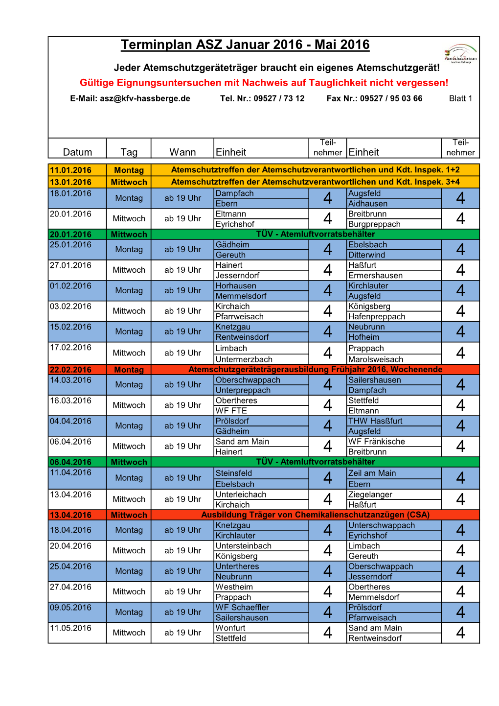 Terminplan ASZ Januar 2016 - Mai 2016