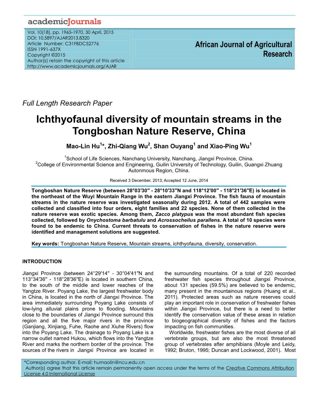 Ichthyofaunal Diversity of Mountain Streams in the Tongboshan Nature Reserve, China
