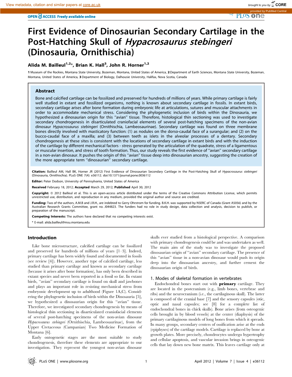 Post-Hatching Skull of Hypacrosaurus Stebingeri (Dinosauria, Ornithischia)