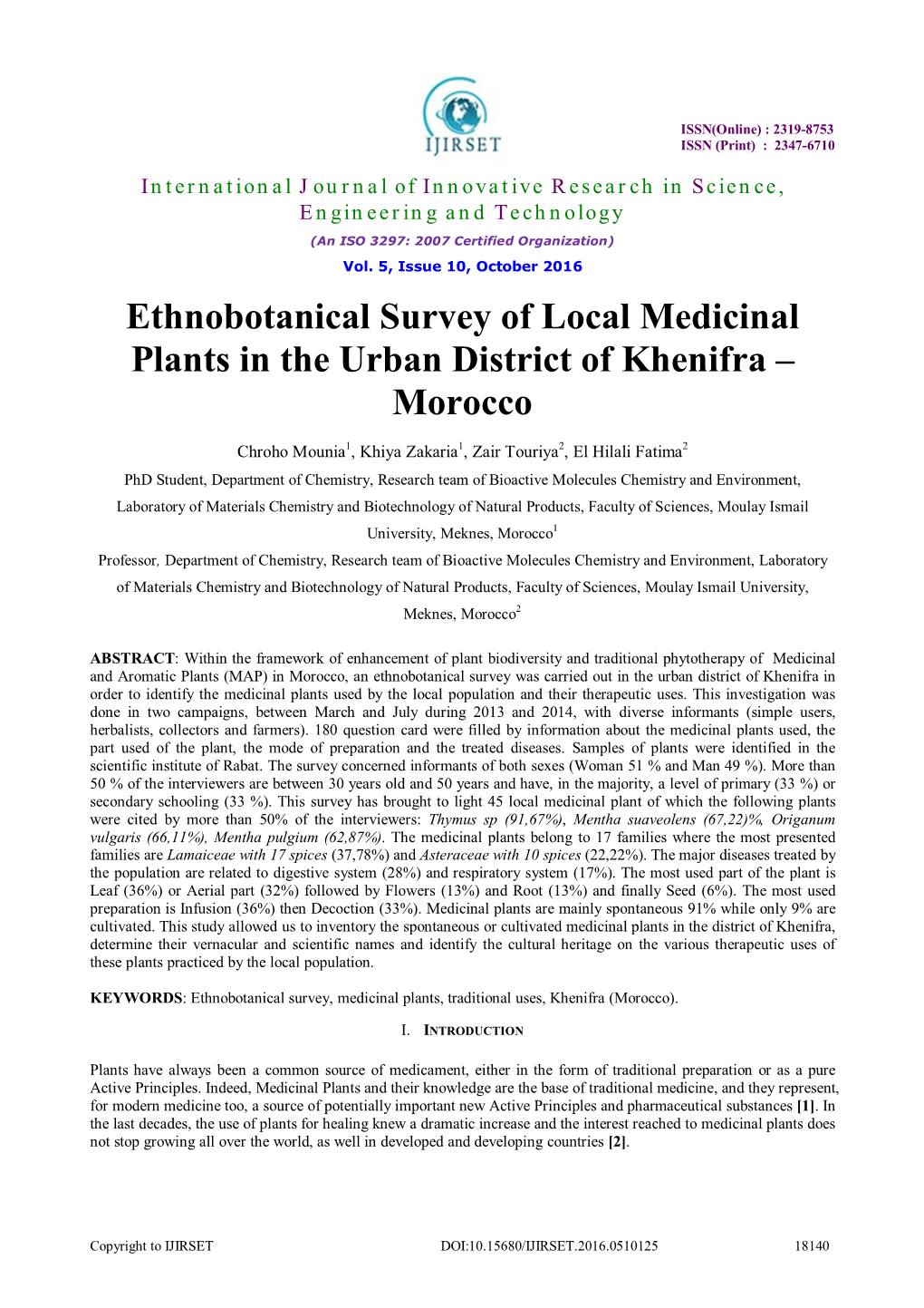 Ethnobotanical Survey of Local Medicinal Plants in the Urban District of Khenifra – Morocco