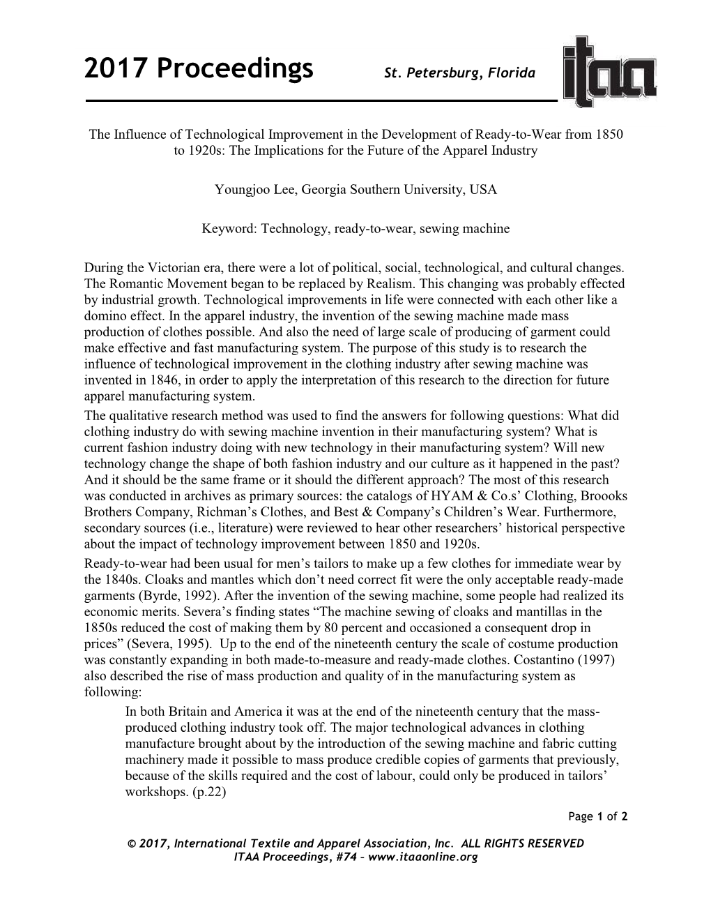 The Influence of Technological Improvement in the Development of Ready-To-Wear from 1850 to 1920S: the Implications for the Future of the Apparel Industry