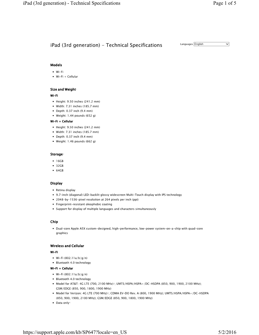 Ipad (3Rd Generation) - Technical Specifications Page 1 of 5