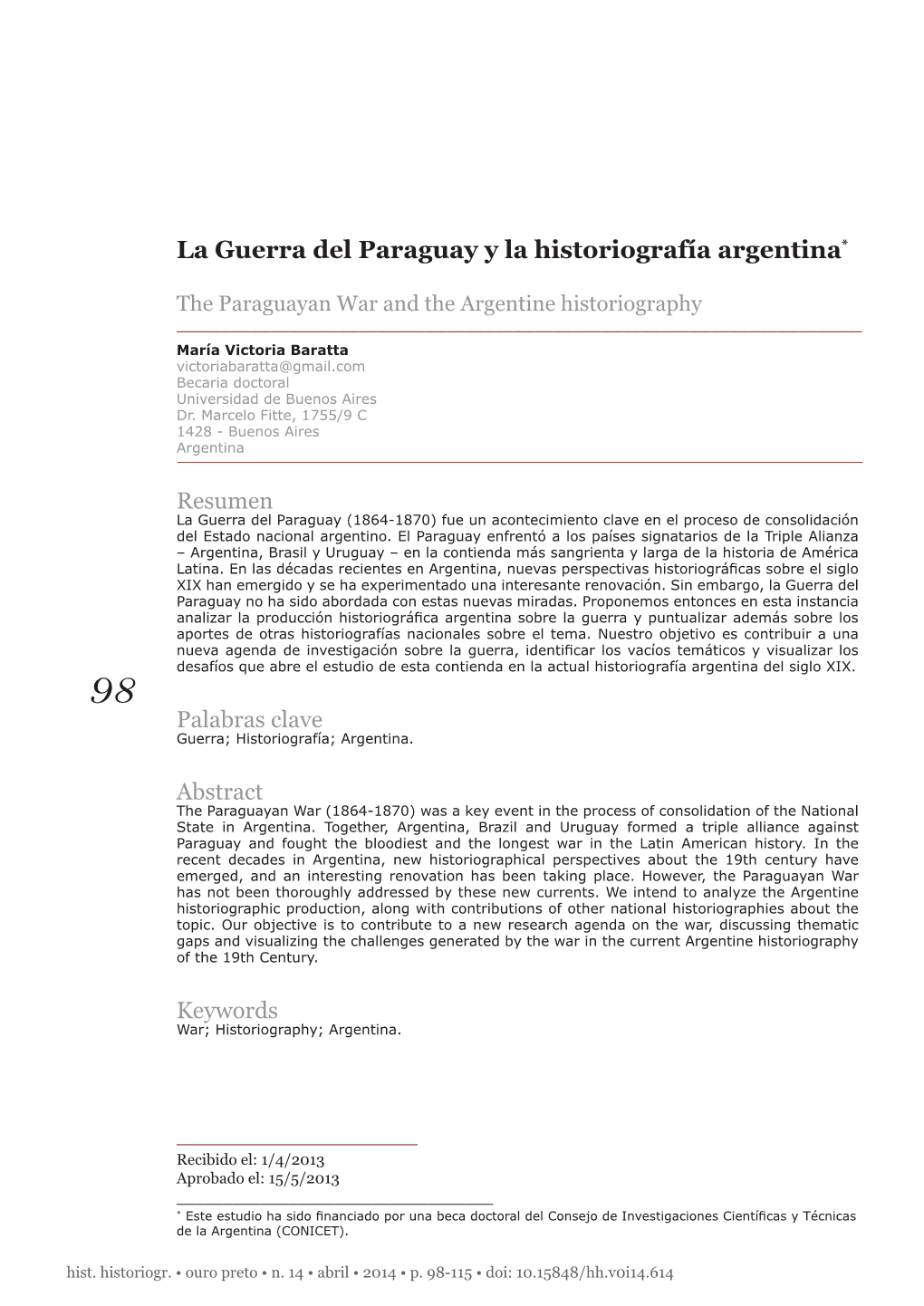 La Guerra Del Paraguay Y La Historiografía Argentina*