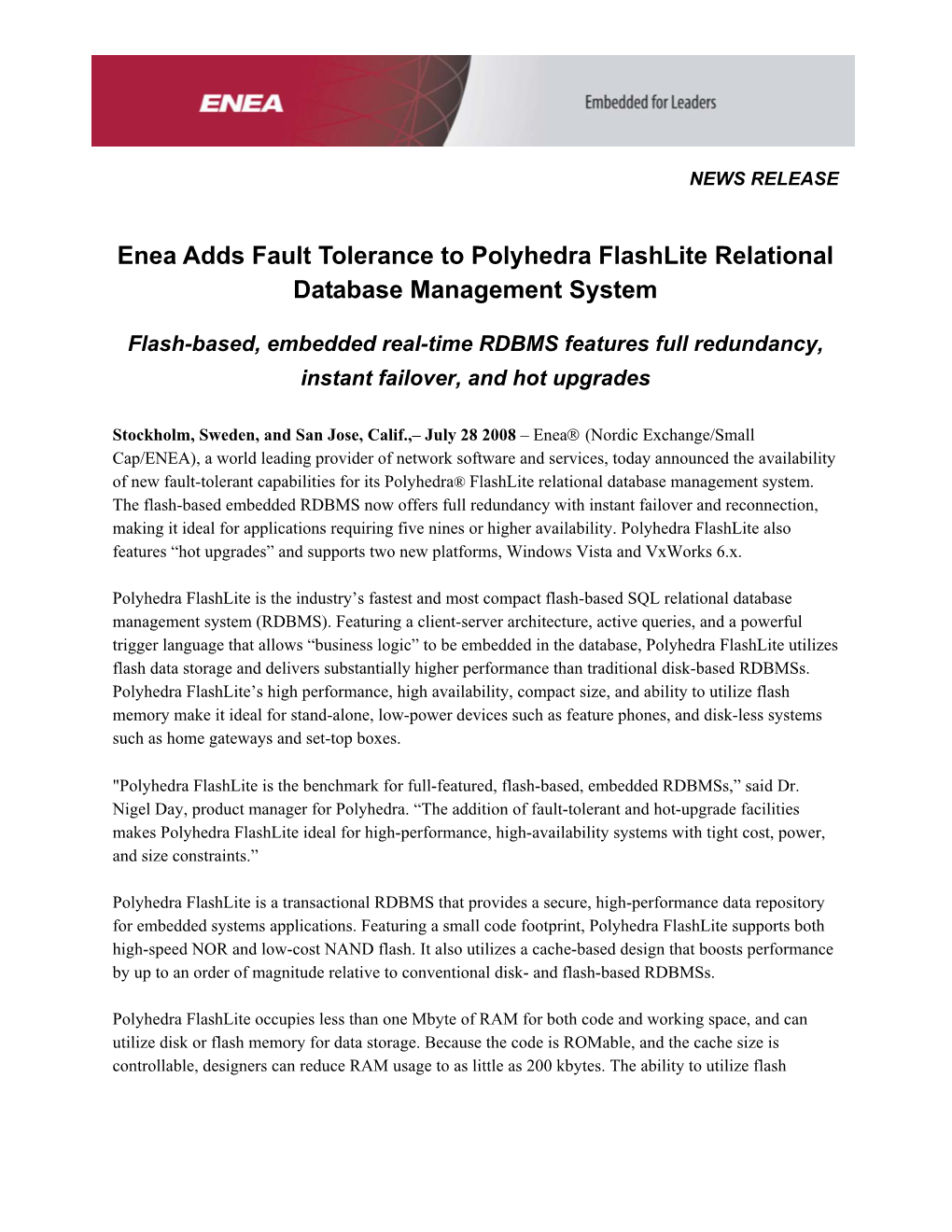 Enea Adds Fault Tolerance to Polyhedra Flashlite Relational Database Management System