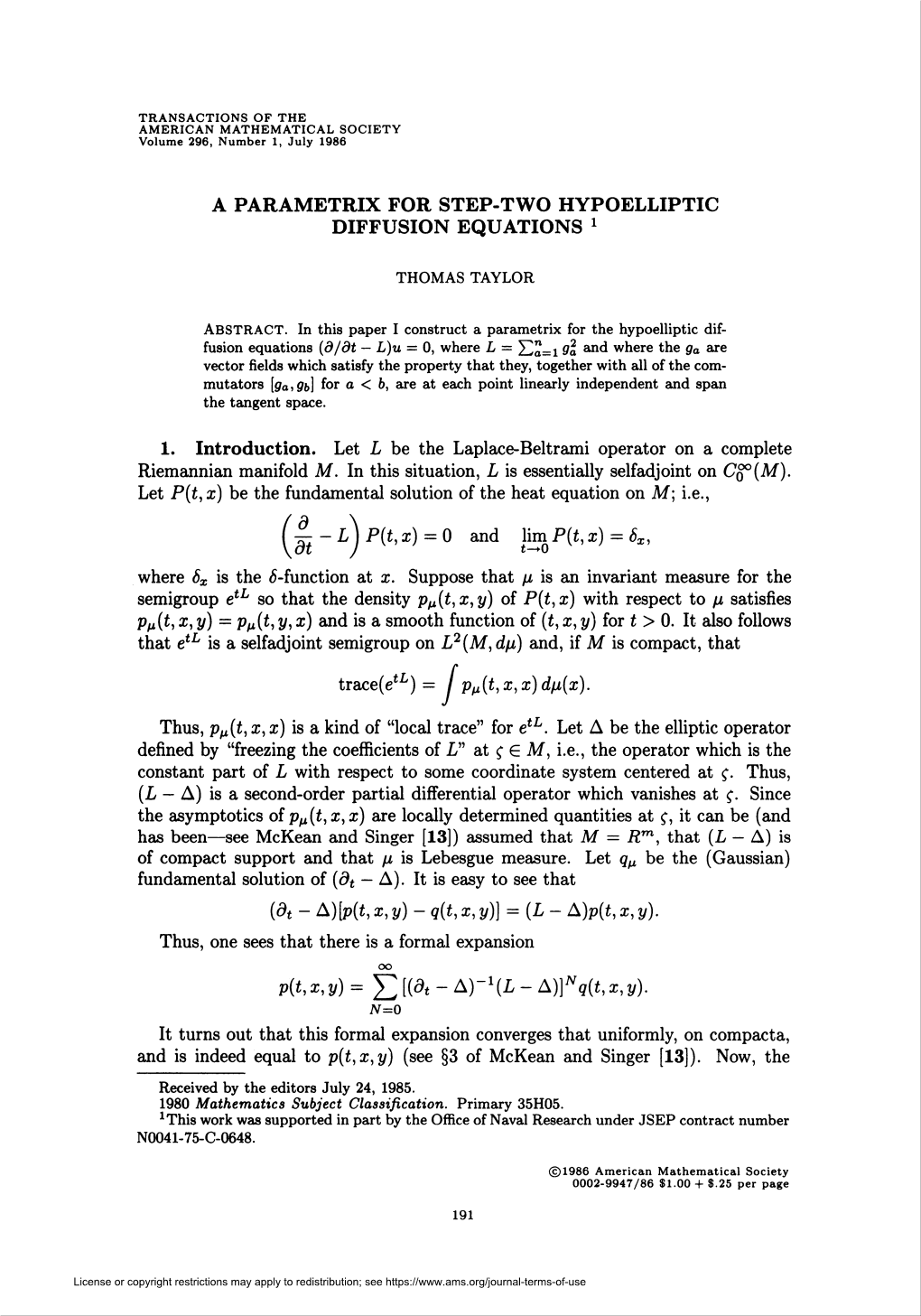 A Parametrix for Step-Two Hypoelliptic Diffusion Equations 1