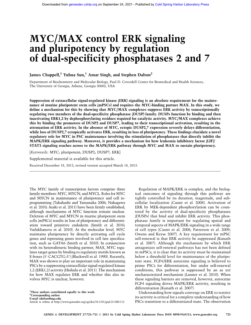 MYC/MAX Control ERK Signaling and Pluripotency by Regulation of Dual-Specificity Phosphatases 2 and 7