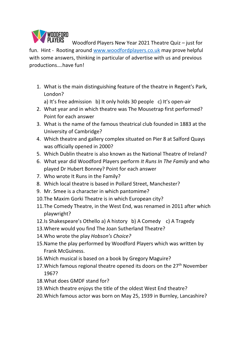 Woodford Players New Year 2021 Theatre Quiz – Just for Fun. Hint