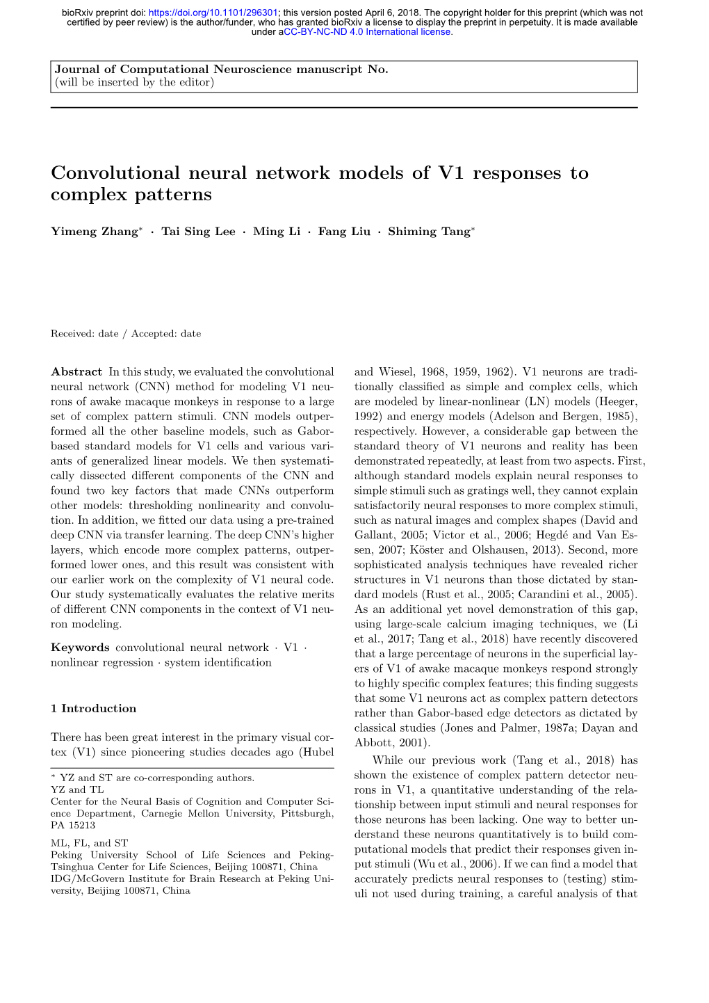 Convolutional Neural Network Models of V1 Responses to Complex Patterns