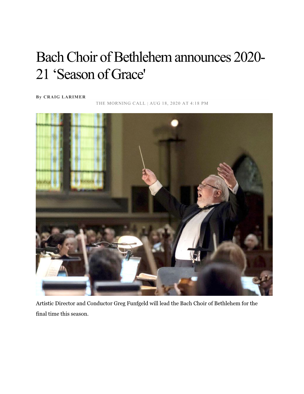 Bach Choir of Bethlehem Announces 2020- 21 'Season of Grace'