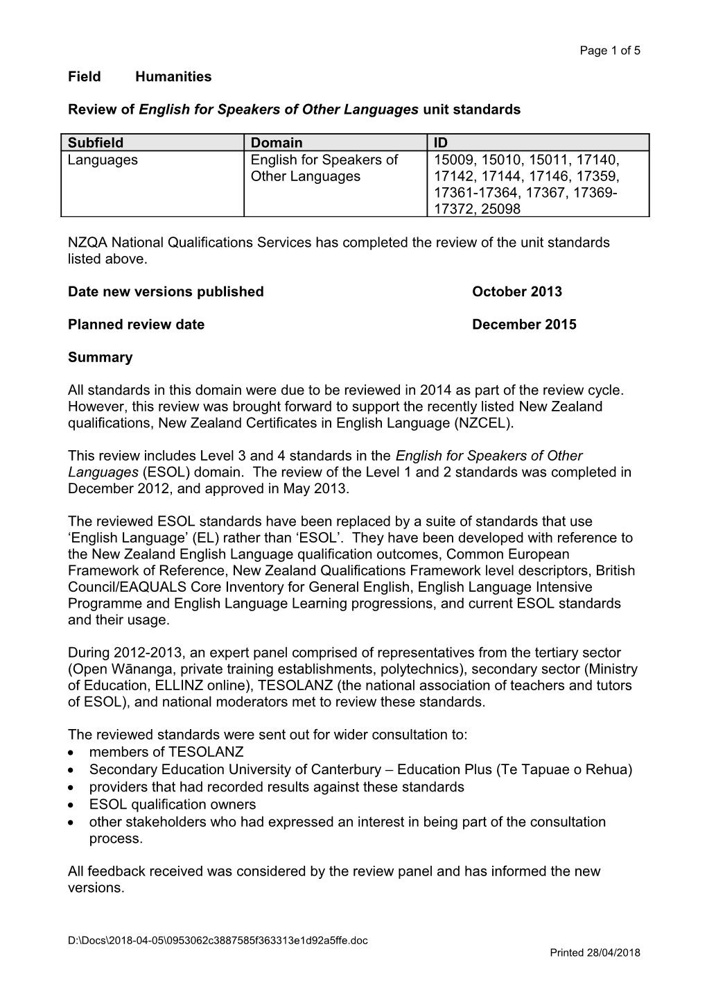 Review of English for Speakers of Other Languages Unit Standards