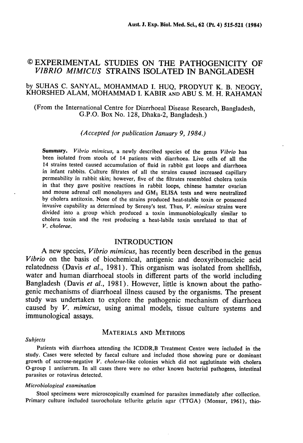 EXPERIMENTAL STUDIES on the PATHOGENICITY of VIBRIO MIMICUS STRAINS ISOLATED in BANGLADESH by SUHAS C