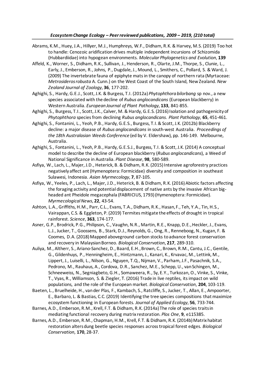 Peer Reviewed Publications, 2009 – 2019, (210 Total)