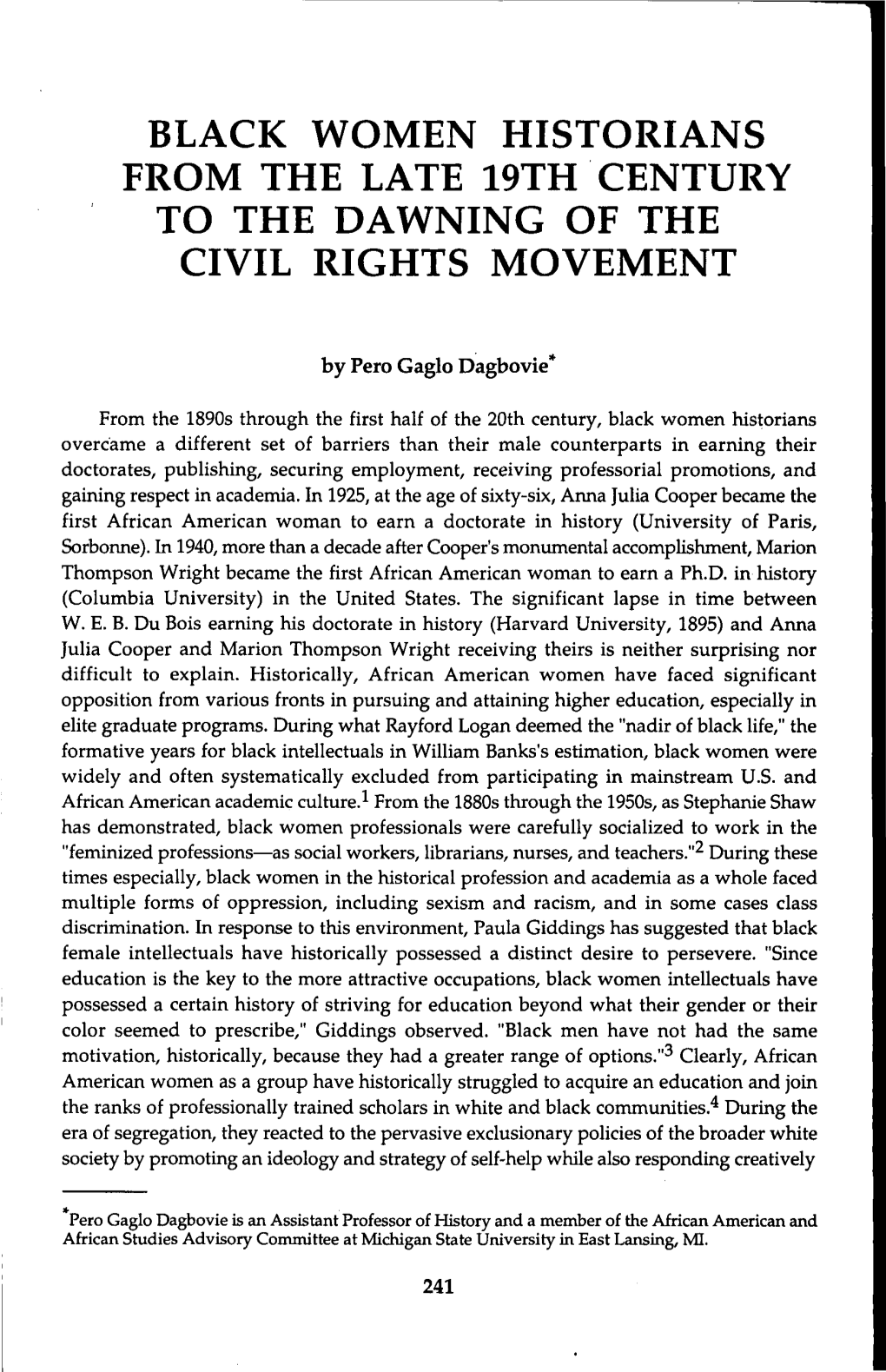 Black Women Historians from the Late 19Th Century to the Dawning of the Civil Rights Movement