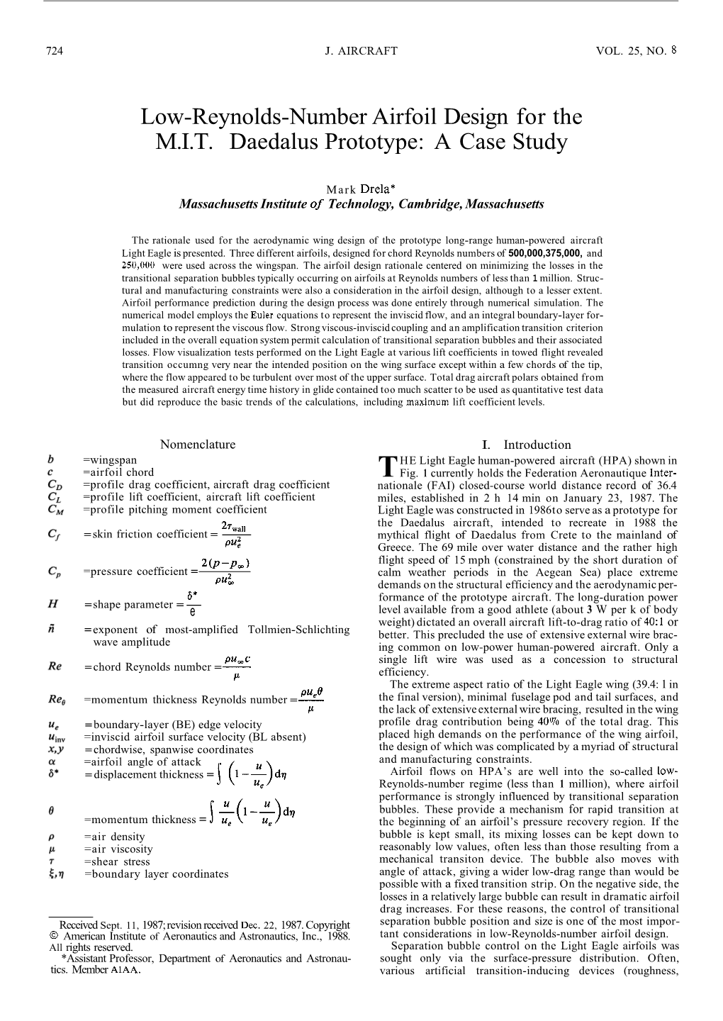 Low-Reynolds-Number Airfoil Design for the M.I.T. Daedalus Prototype: a Case Study