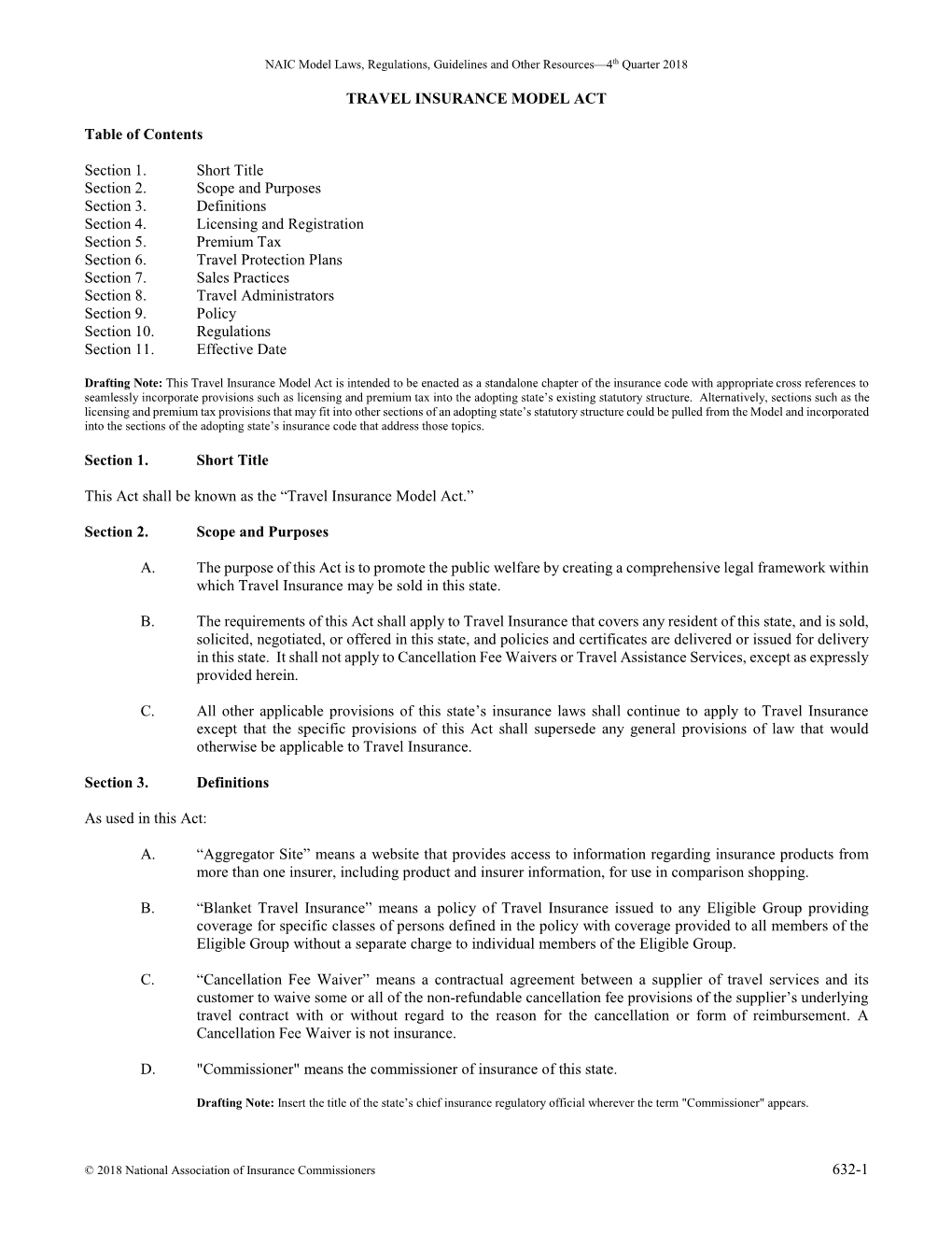 632-1 TRAVEL INSURANCE MODEL ACT Table of Contents