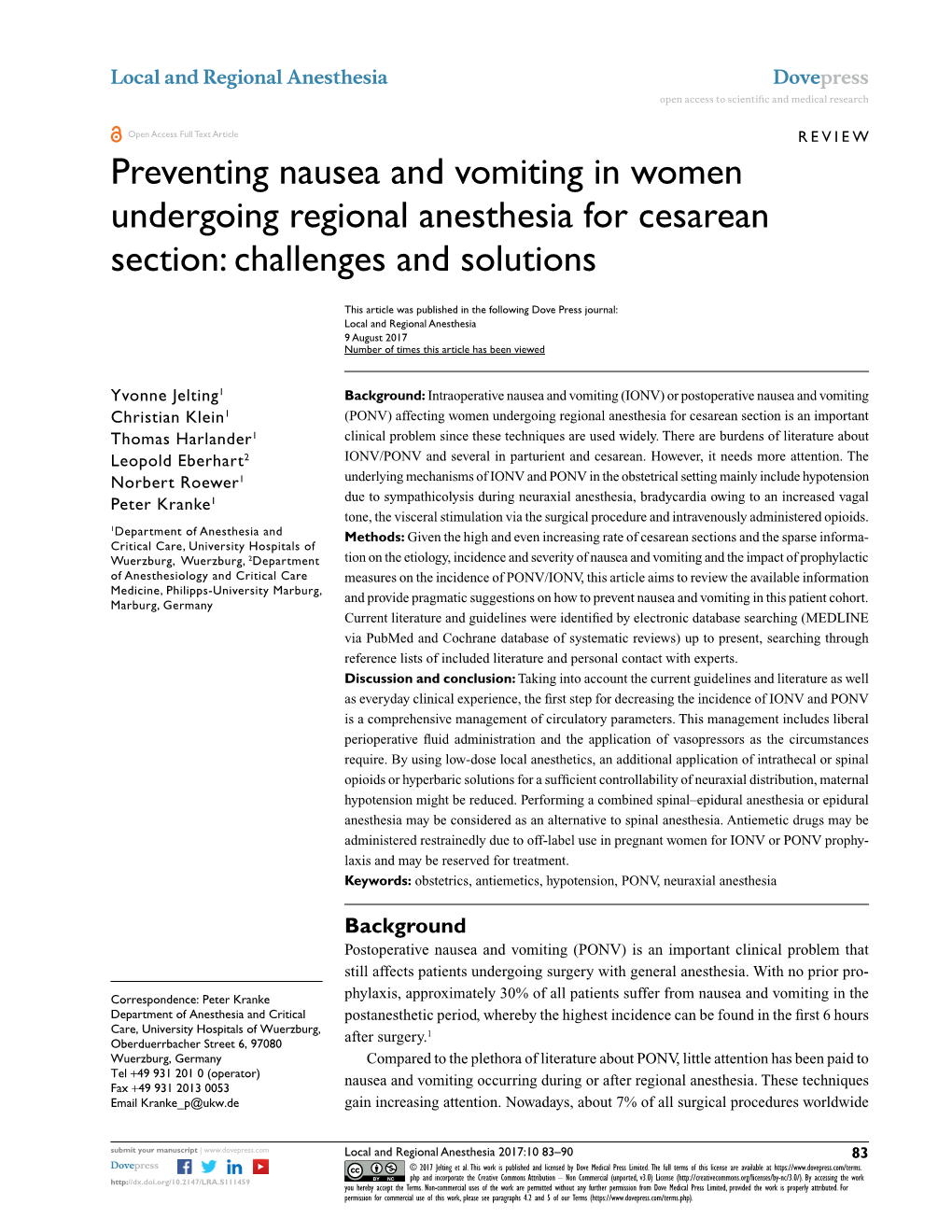 Preventing Nausea and Vomiting in Women Undergoing Regional Anesthesia for Cesarean Section: Challenges and Solutions