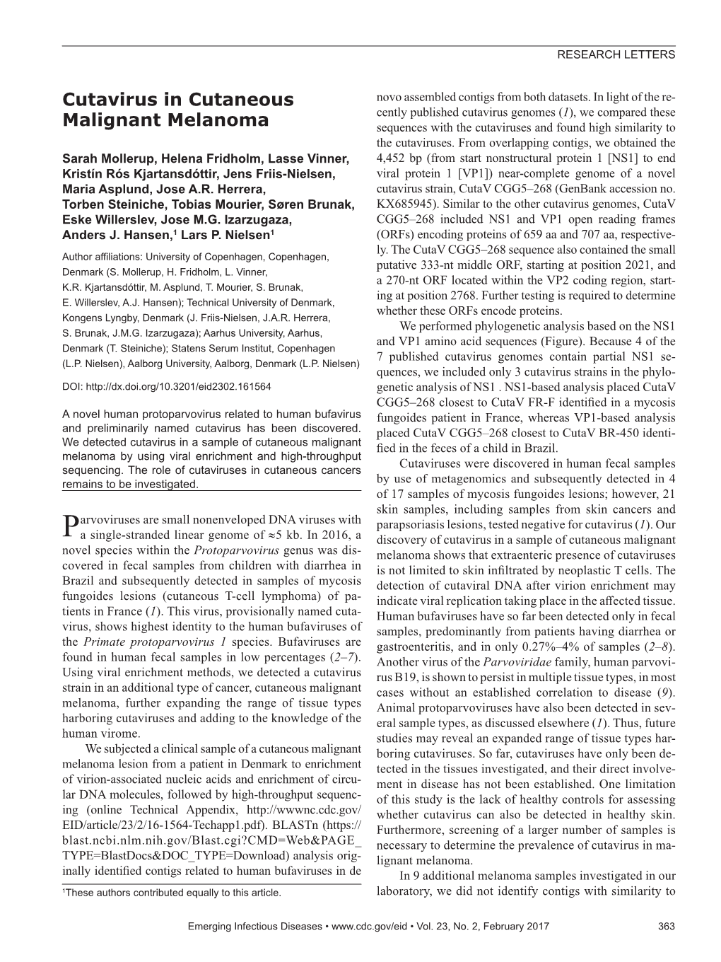 Cutavirus in Cutaneous Malignant Melanoma