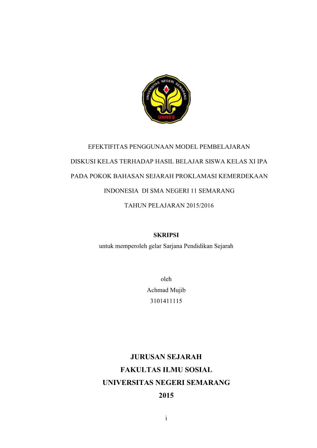 Jurusan Sejarah Fakultas Ilmu Sosial Universitas Negeri Semarang 2015