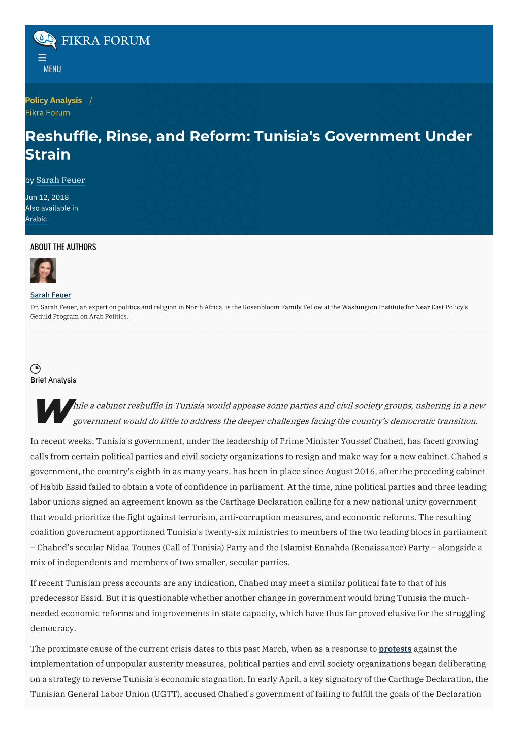 Reshuffle, Rinse, and Reform: Tunisia's Government Under Strain by Sarah Feuer