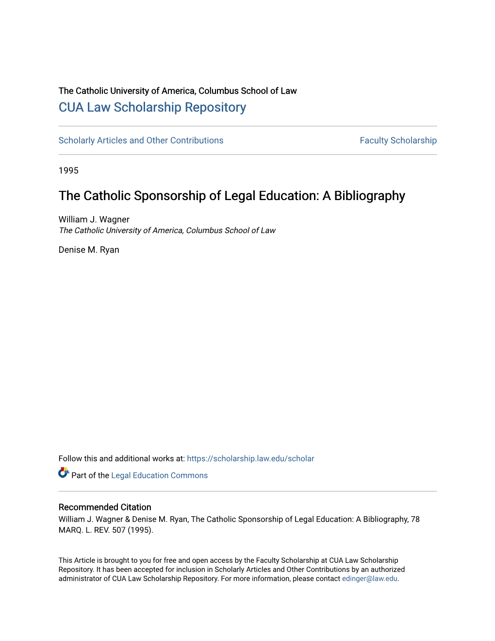 The Catholic Sponsorship of Legal Education: a Bibliography
