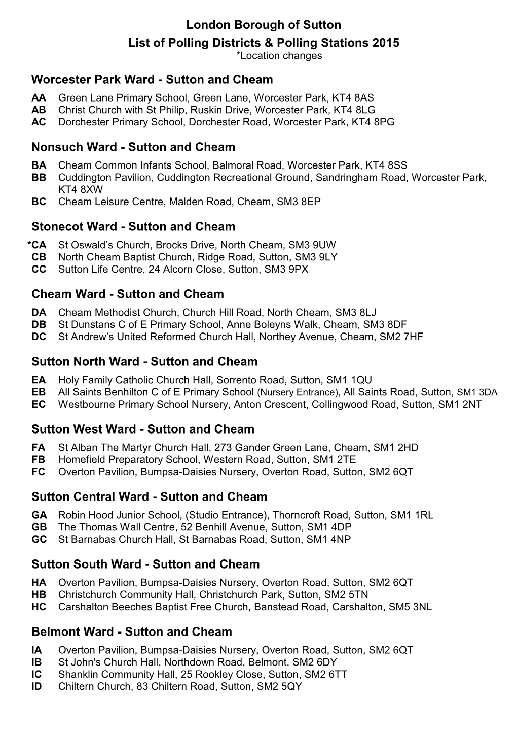 London Borough of Sutton List of Polling Districts & Polling Stations 2015 Worcester Park Ward