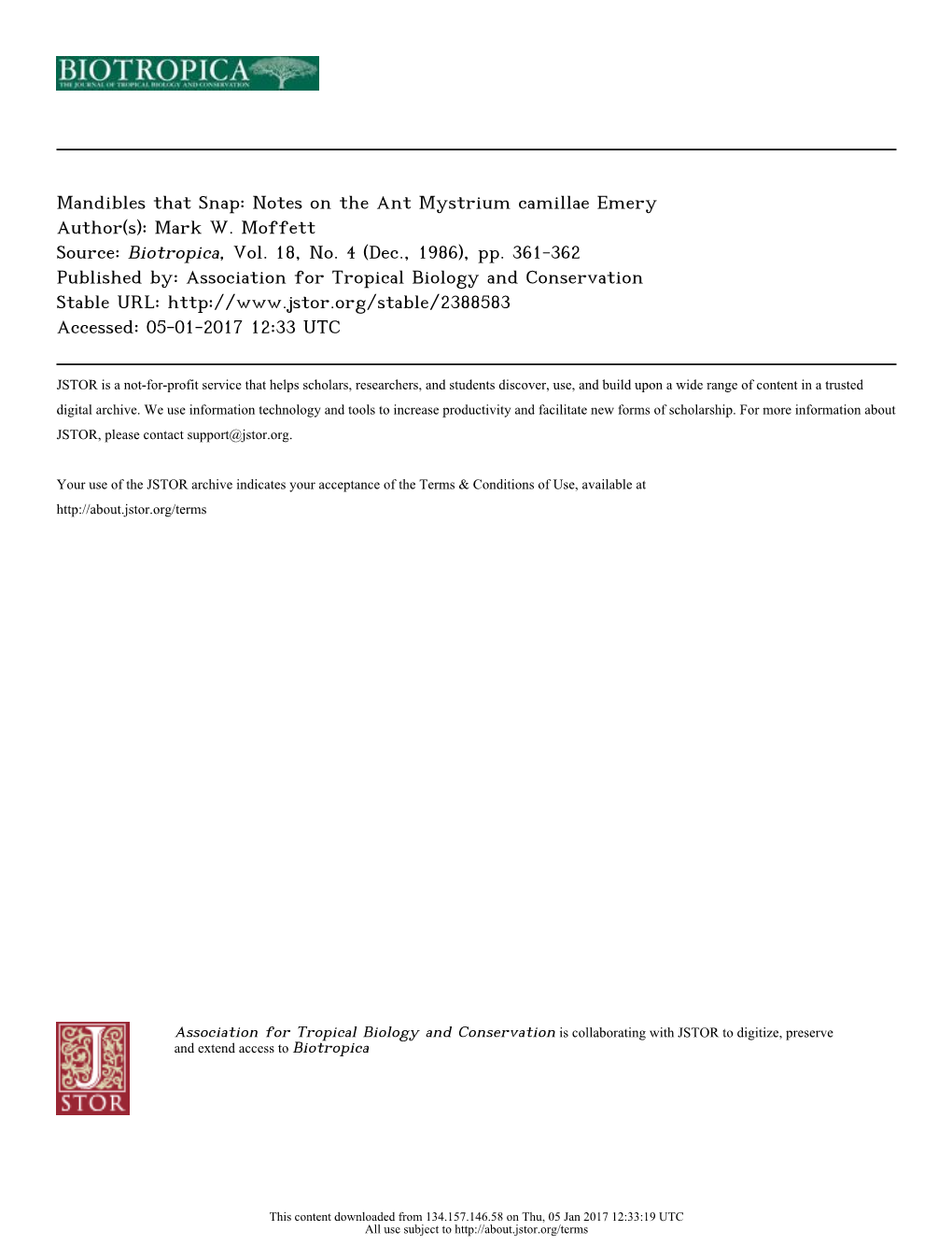 Mandibles That Snap: Notes on the Ant Mystrium Camillae Emery Author(S): Mark W