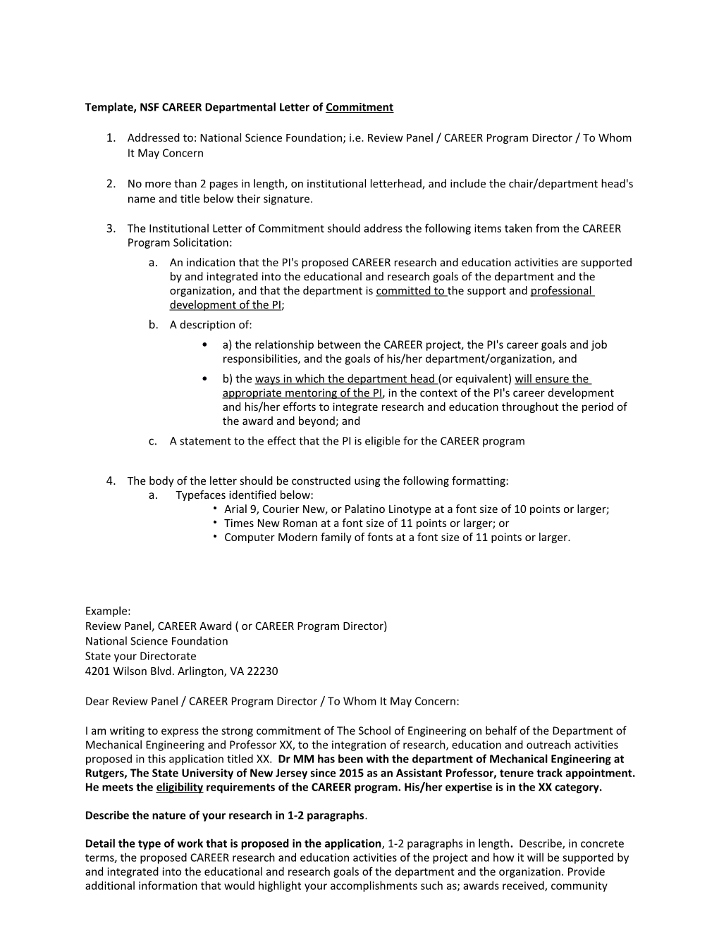 Template, NSF CAREER Departmental Letter of Commitment