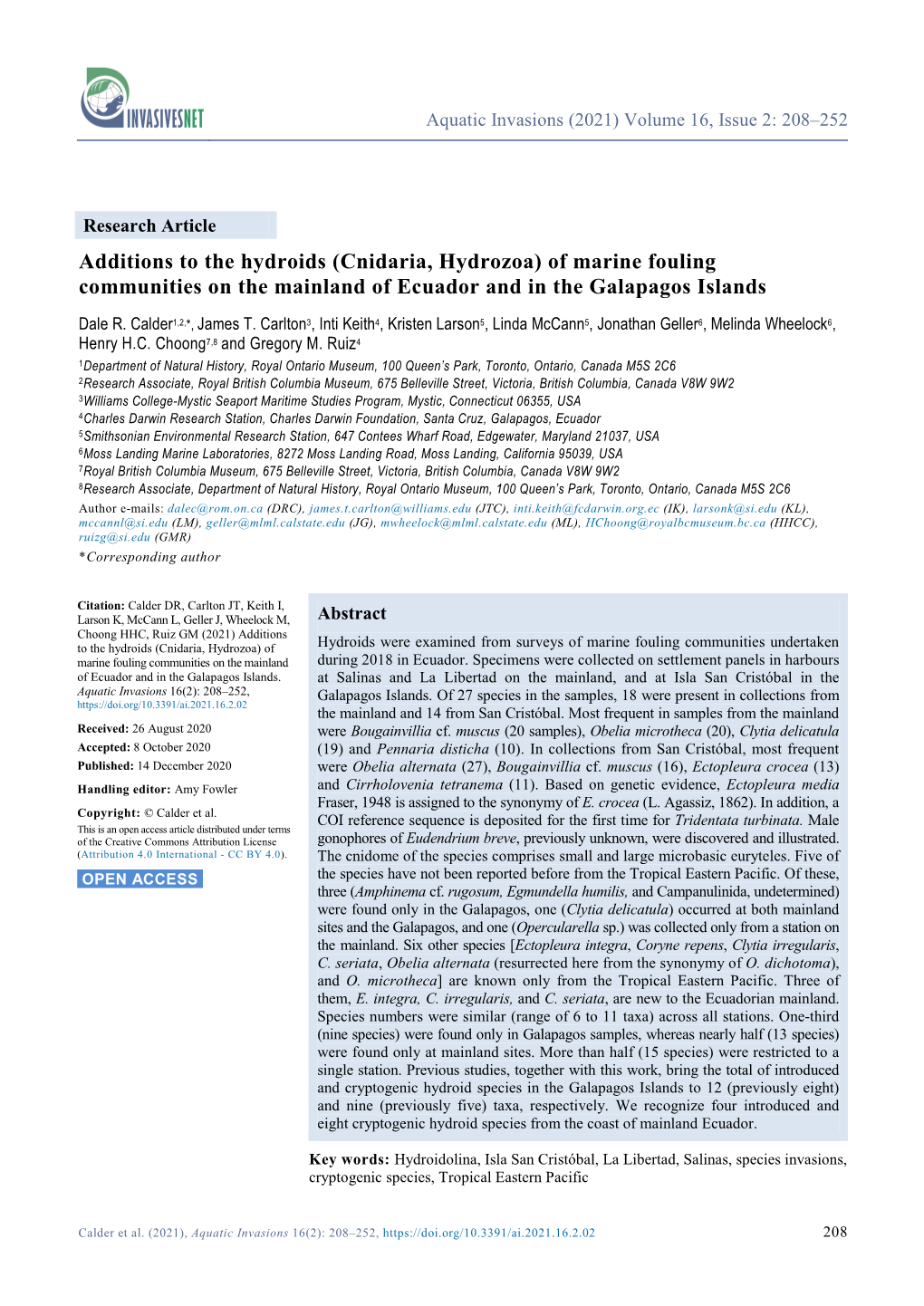 Cnidaria, Hydrozoa) of Marine Fouling Communities on the Mainland of Ecuador and in the Galapagos Islands