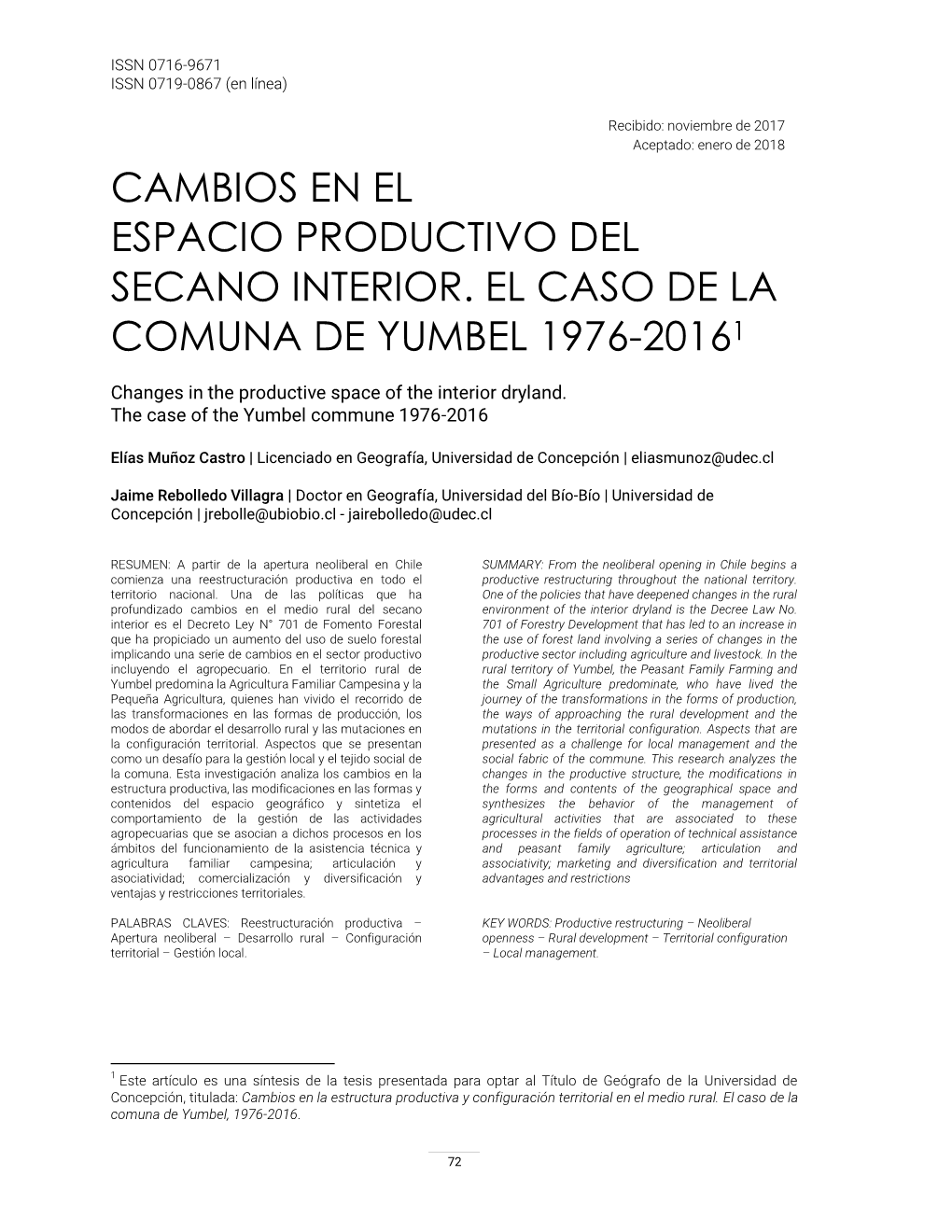 Cambios En El Espacio Productivo Del Secano Interior. El Caso De La Comuna De Yumbel 1976-20161