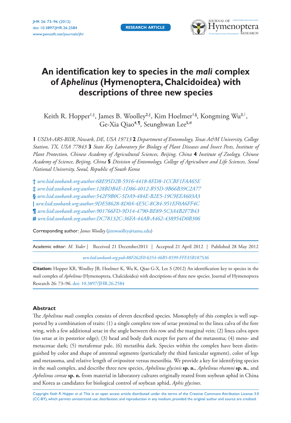 An Identification Key to Species in the Mali Complex of Aphelinus (Hymenoptera, Chalcidoidea) with Descriptions of Three New Species