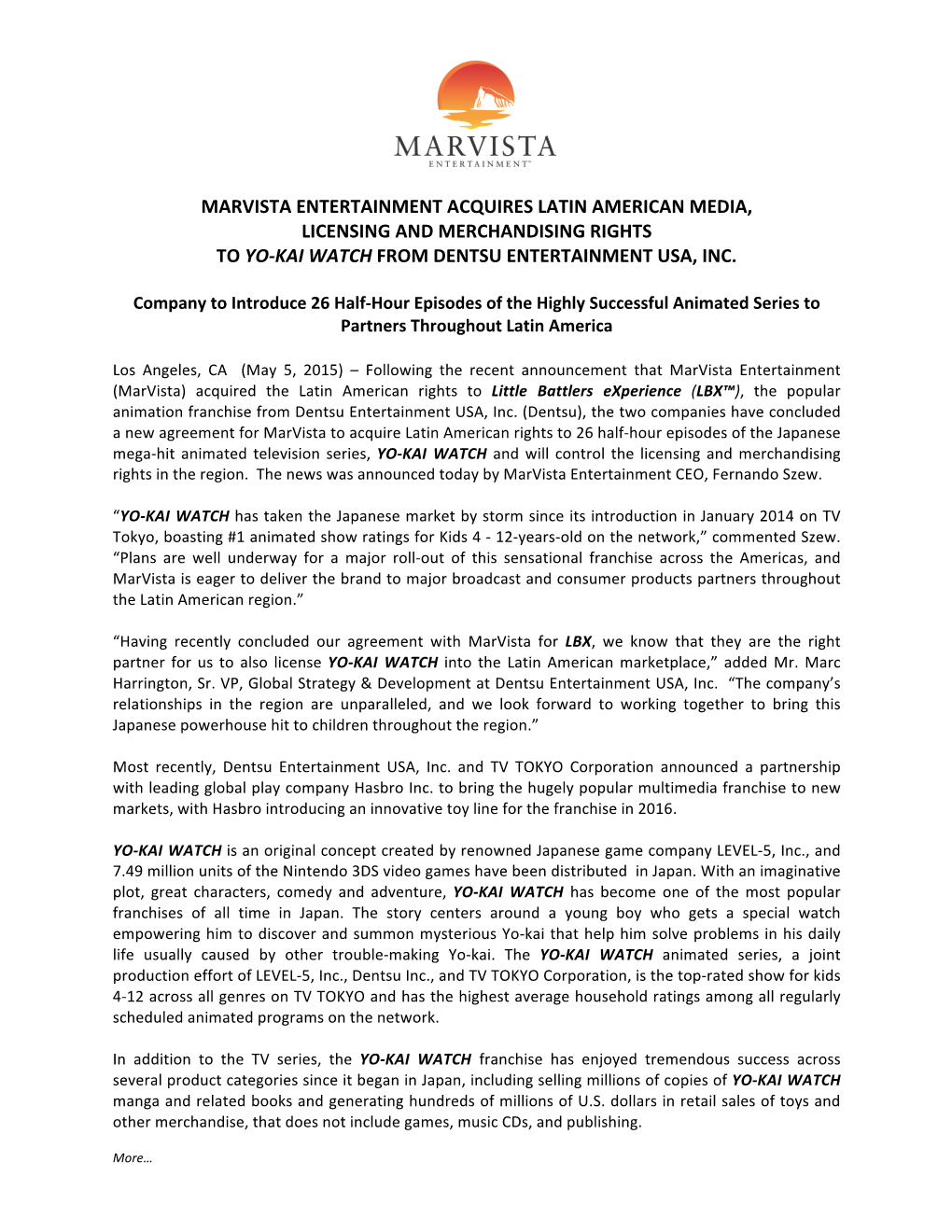 05/05/2015 Marvista Entertainment Acquires Latin American Media