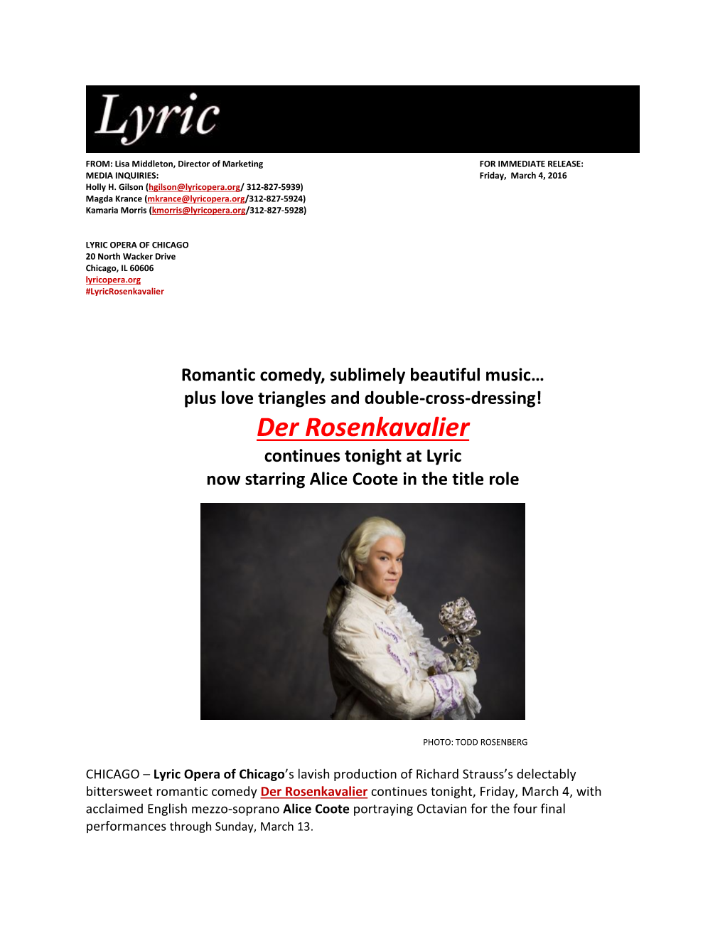 Der Rosenkavalier Continues Tonight at Lyric Now Starring Alice Coote in the Title Role