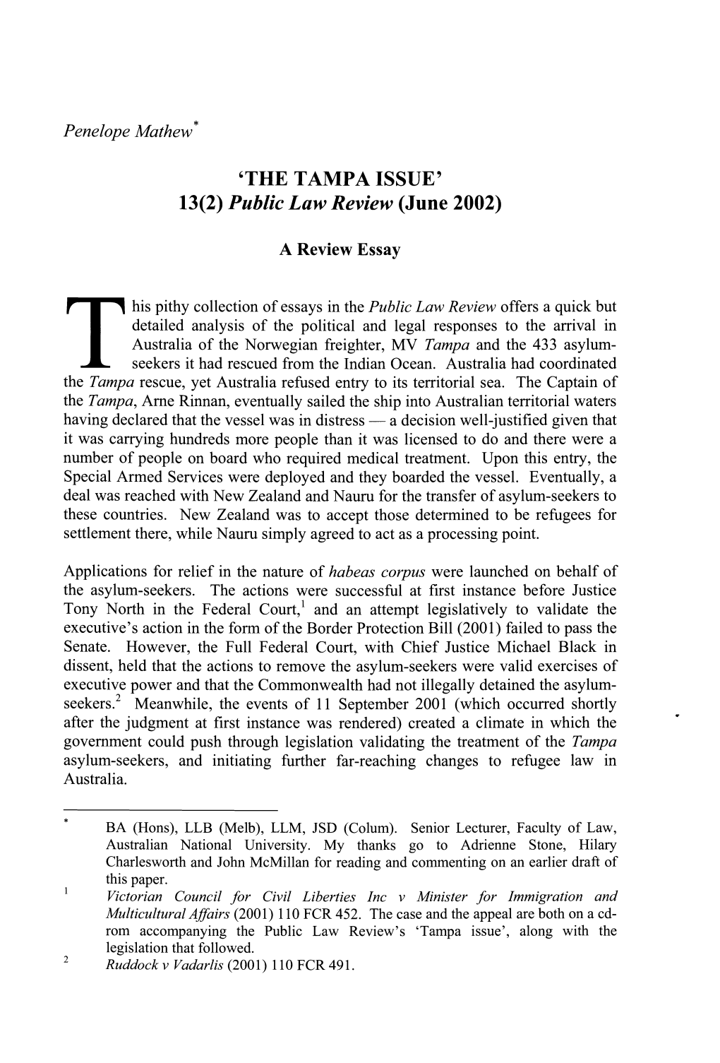 'THE TAMPA ISSUE' 13(2) Public Law Review (June 2002)