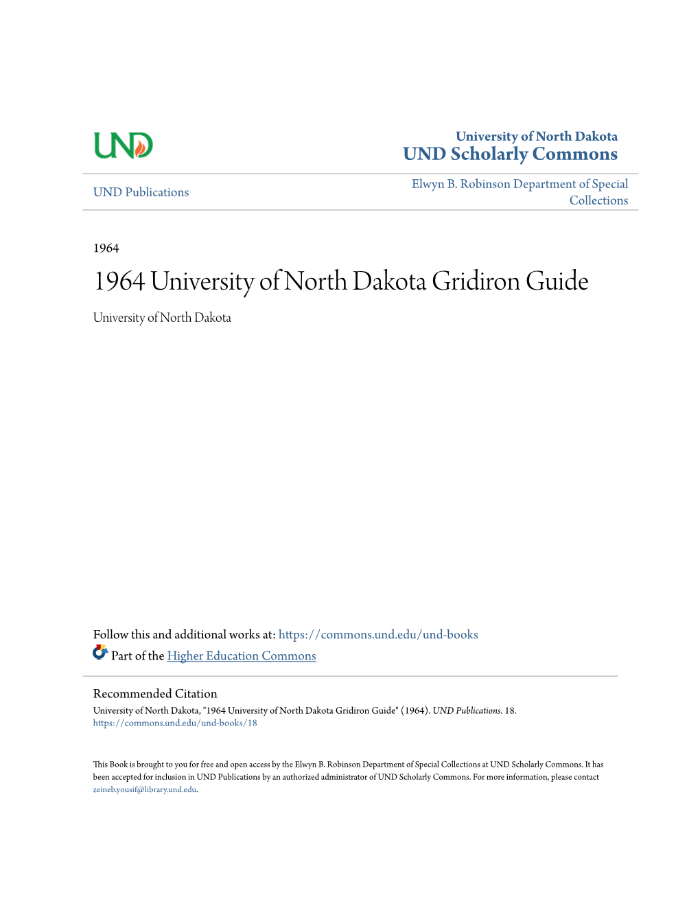 1964 University of North Dakota Gridiron Guide University of North Dakota