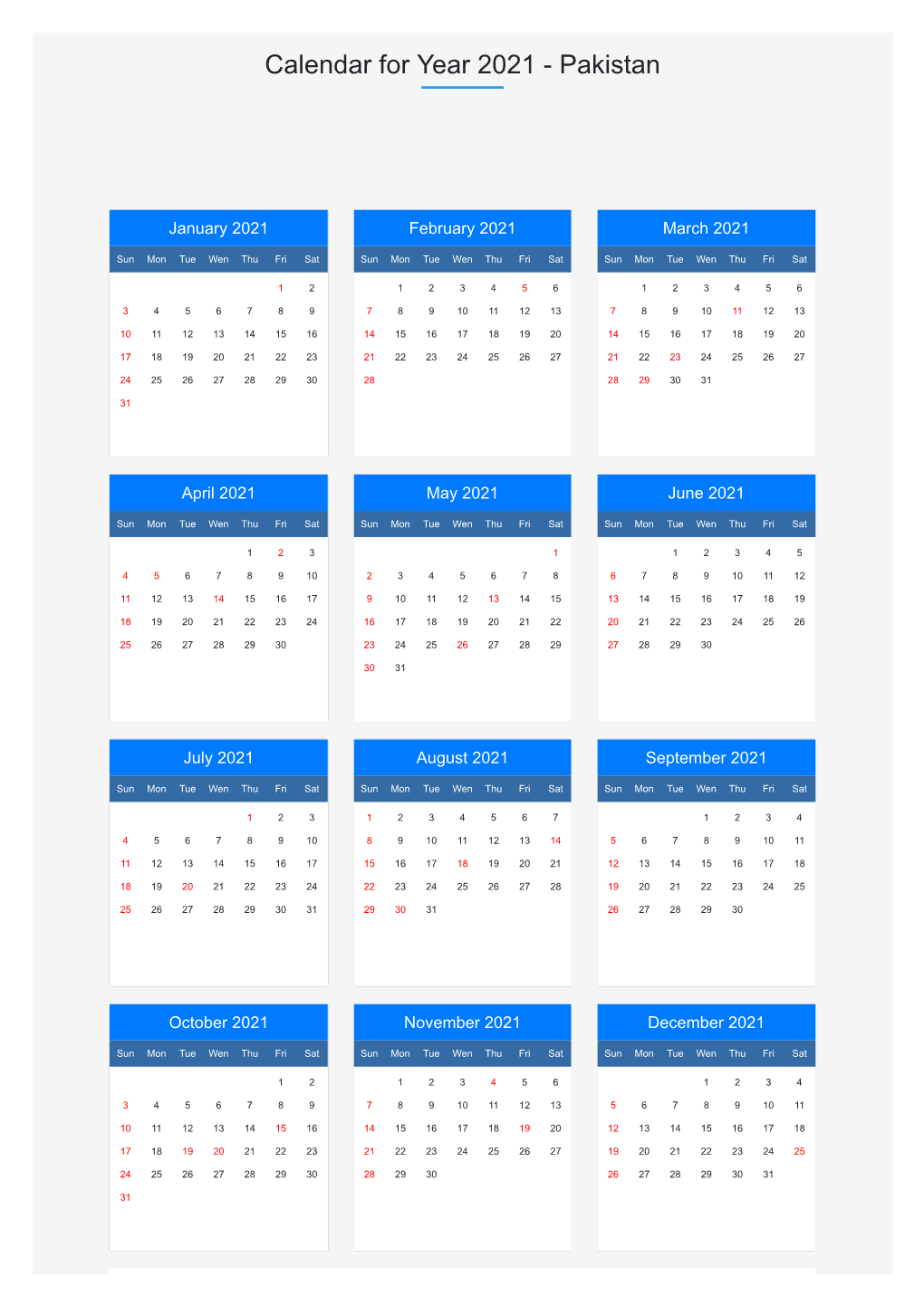 Calendar for Year 2021 - Pakistan