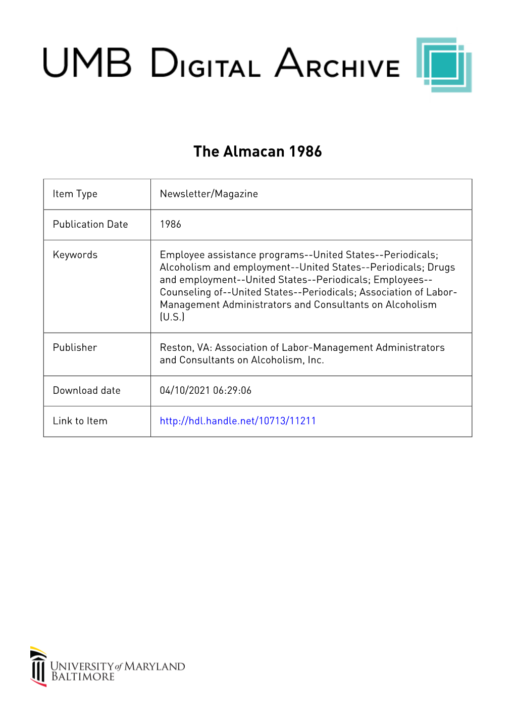 A Look at Alcoholism Ar~D Depression . ~. TABLE of the CONTENTS ALMACAN