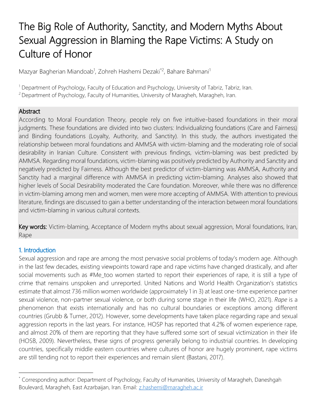 The Big Role of Authority, Sanctity, and Modern Myths About Sexual Aggression in Blaming the Rape Victims: a Study on Culture of Honor