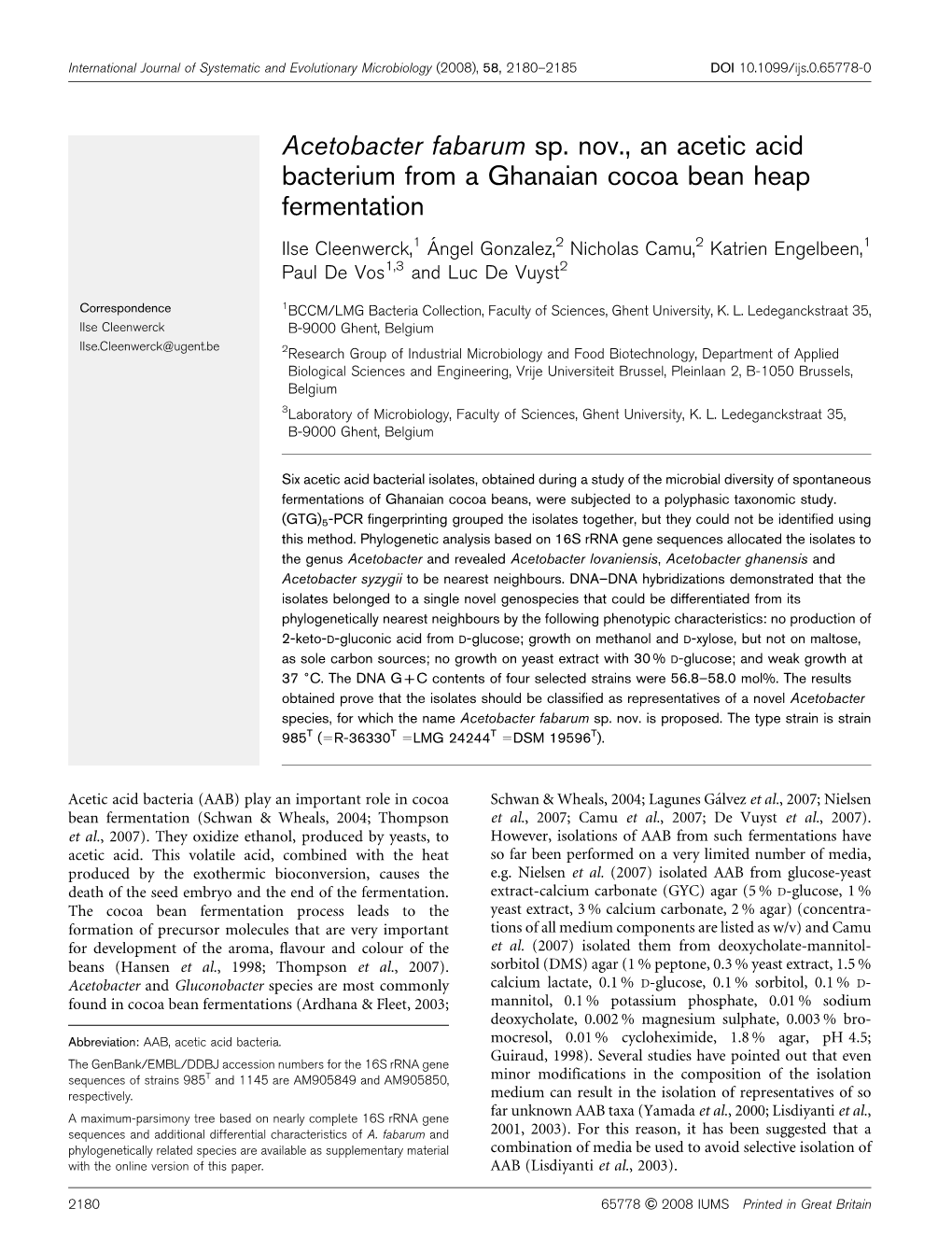 Acetobacter Fabarum Sp. Nov., an Acetic Acid Bacterium from a Ghanaian Cocoa Bean Heap Fermentation