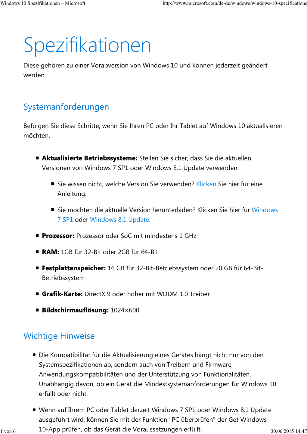 Windows 10 Spezifikationen – Microsoft