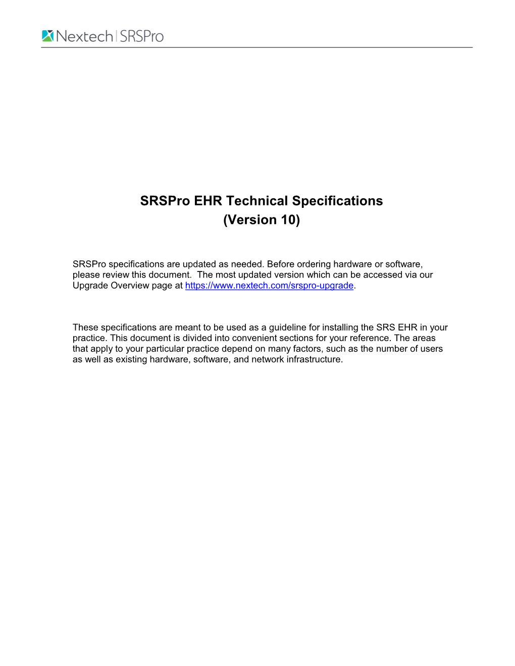 Srspro EHR Technical Specifications (Version 10)