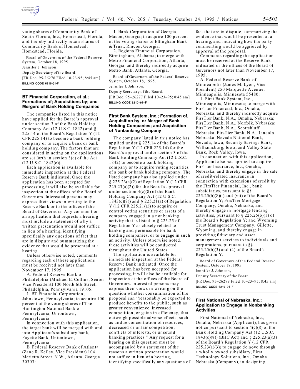 Federal Register / Vol. 60, No. 205 / Tuesday, October 24, 1995 / Notices 54503 Voting Shares of Community Bank of 1