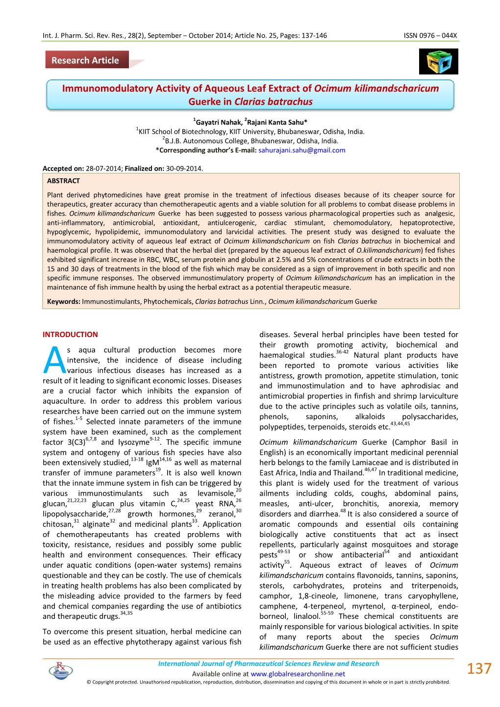 Immunomodulatory Activity of Aqueous Leaf Extract of Ocimum Kilimandscharicum Guerke in Clarias Batrachus