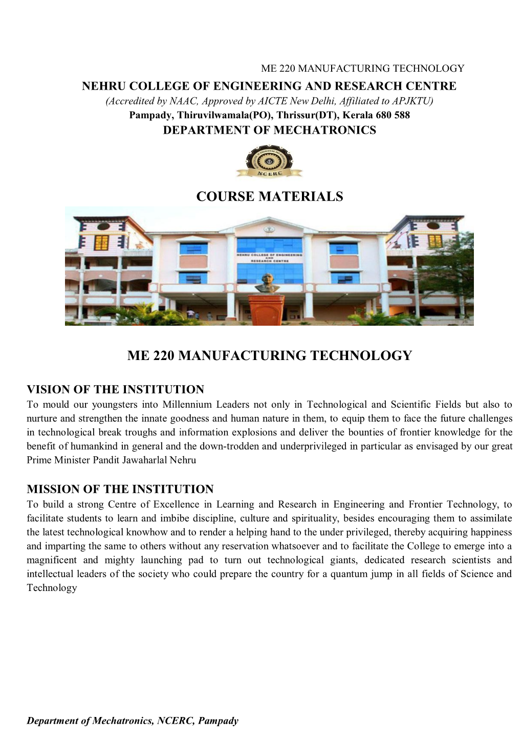 Course Materials Me 220 Manufacturing Technology